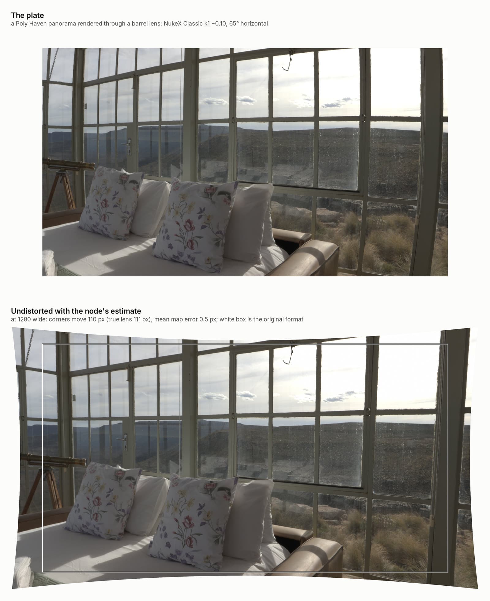A glasshouse interior through a barrel lens, and undistorted by the node